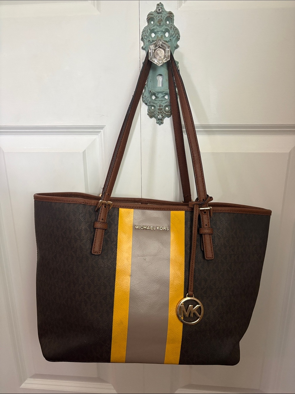 Michael Kors Brown Tote with Yellow and Taupe Center Stripes
